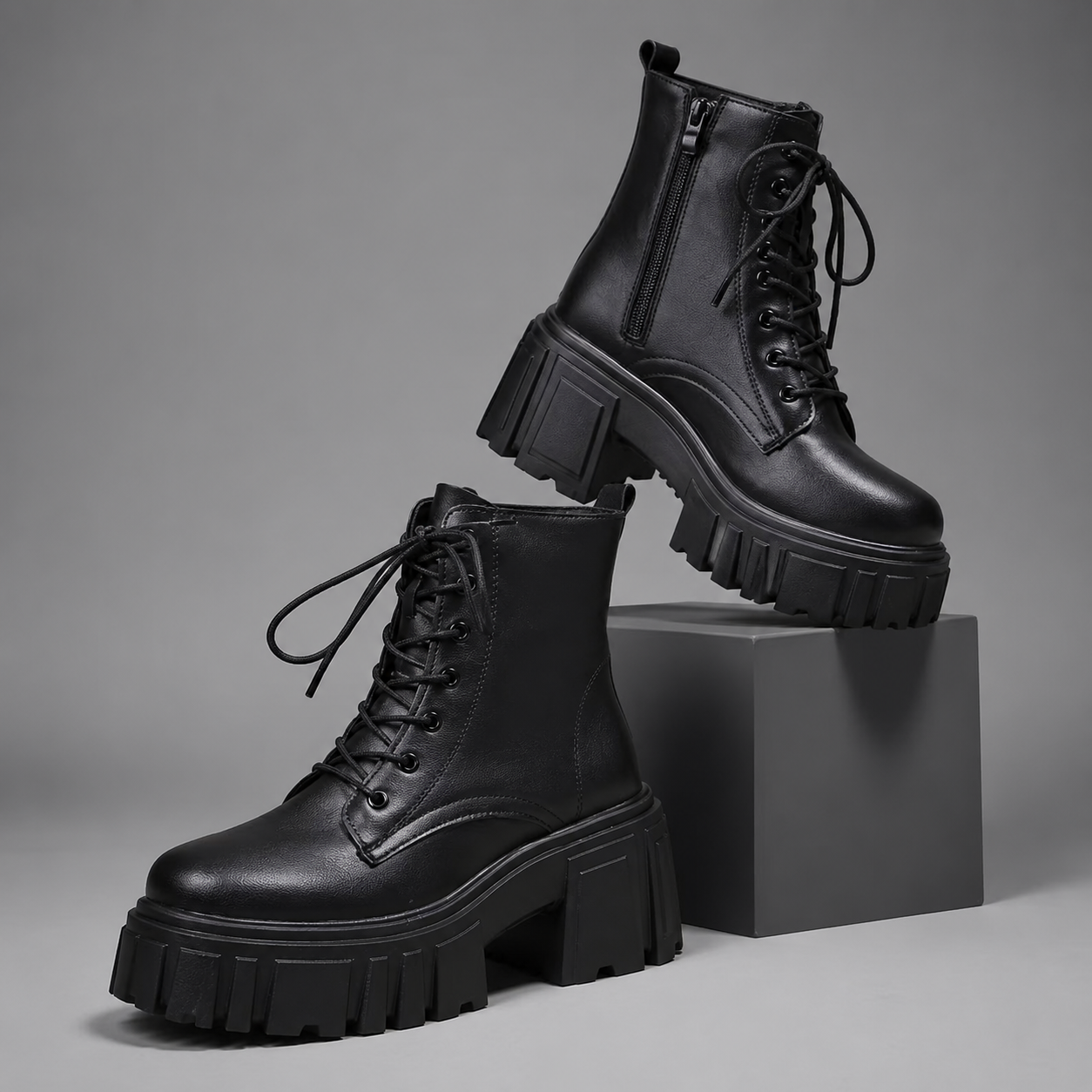 Women's black chunky sole combat boots with lace-up fastening, ankle-height design, round toe, medium square heel and durable rubber sole for casual everyday wear.