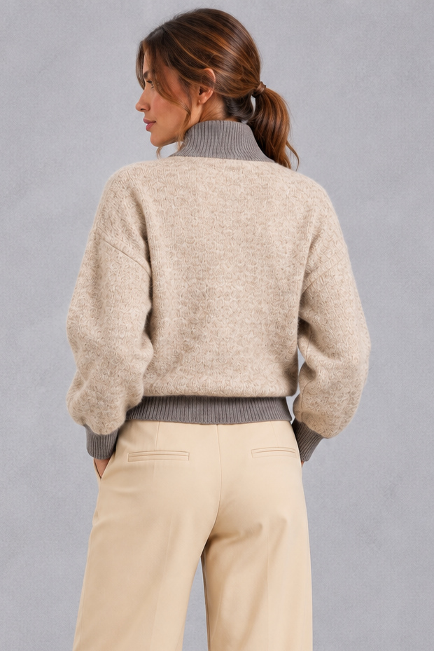 Women's oatmeal half-zip knitted jumper with grey ribbed trims – back view
