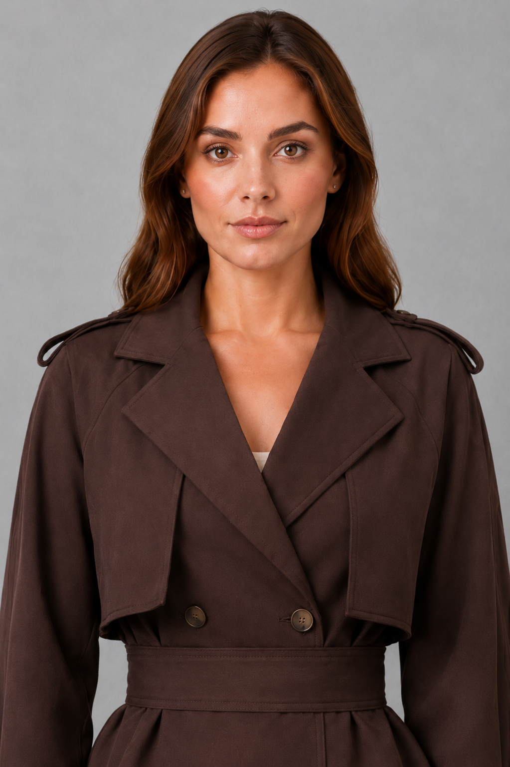 Women’s cotton short trench jacket with double-breasted button front, notch lapels, long sleeves and adjustable belted waist.