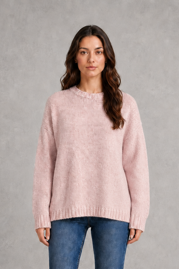 Light grey women’s crew neck knit jumper with an oversized relaxed fit, dropped shoulders and loose wide long sleeves.