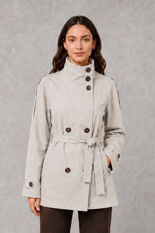 Women’s cropped belted jacket with double-breasted front and high collar