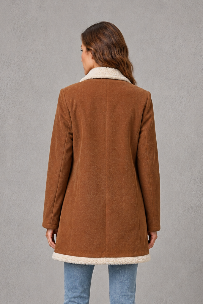 Women’s elegant double-breasted winter coat with a suede-look exterior and cosy shearling-style lining.