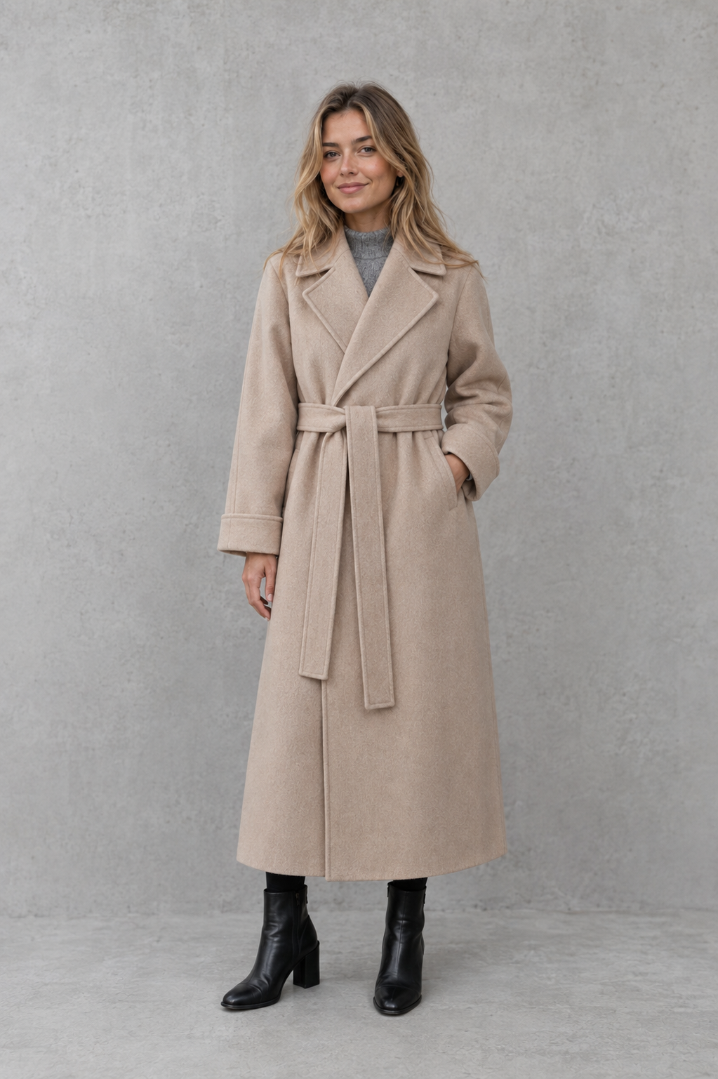 Women's elegant wrap coat in a longline design with a tailored lapel collar and adjustable matching waist belt, offering a flattering regular fit and lightweight warmth for autumn and winter wear.
