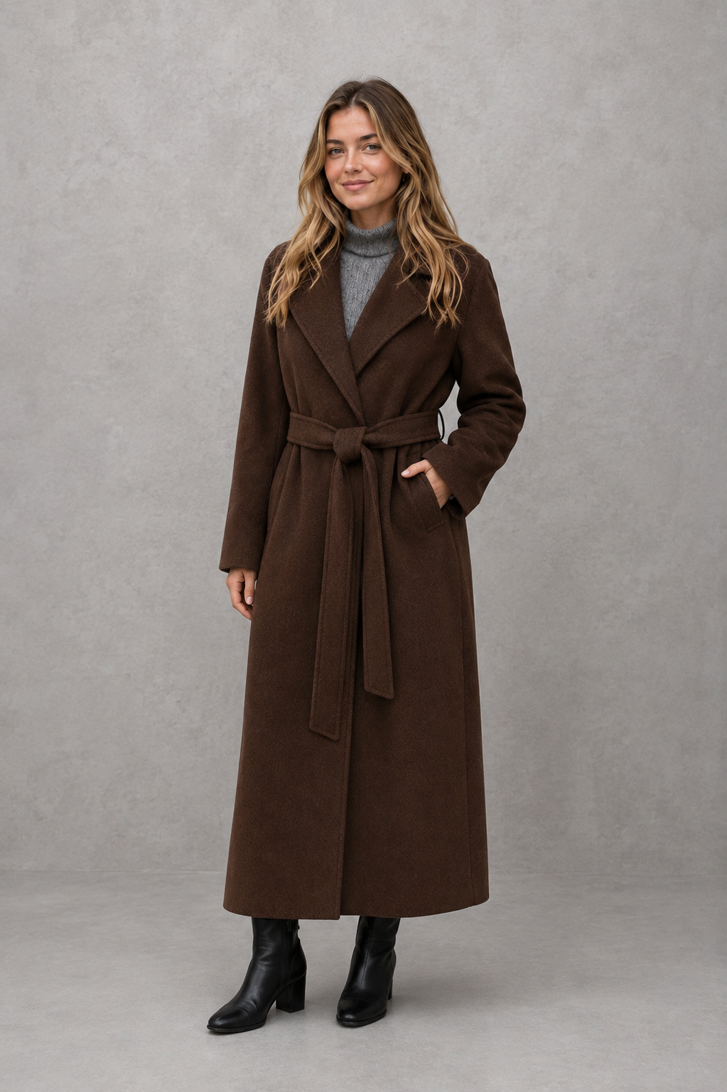 Women's elegant wrap coat in a longline design with a tailored lapel collar and adjustable matching waist belt, offering a flattering regular fit and lightweight warmth for autumn and winter wear.