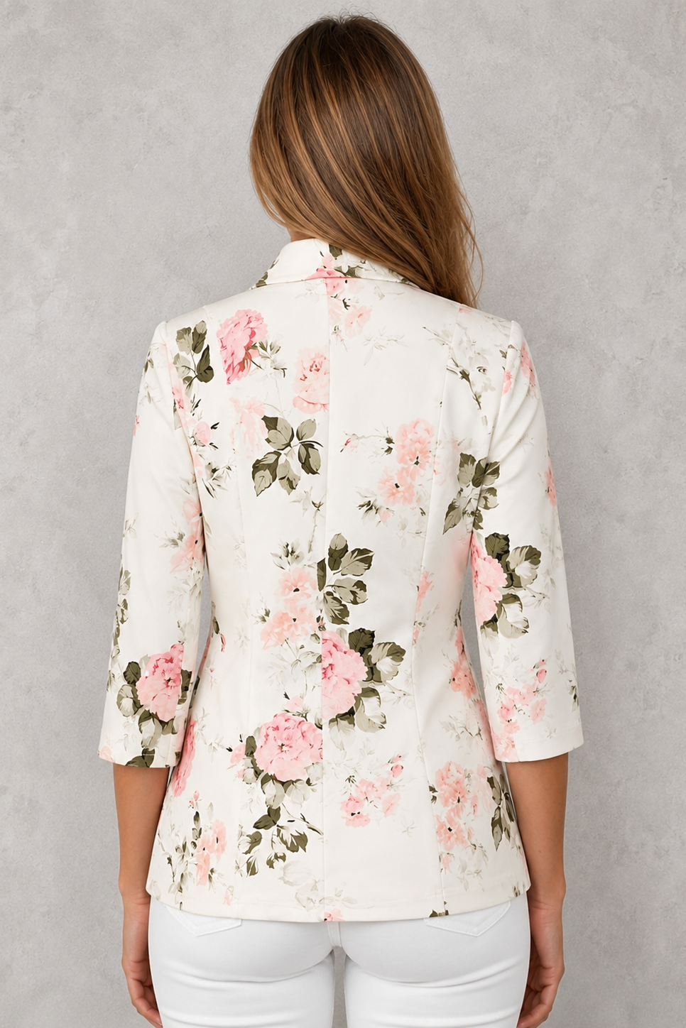 Women's floral 3/4 sleeve blazer with a colourful floral print, classic notched lapel, regular tailored fit and lightweight stretch fabric, ideal for smart-casual workwear and everyday layering.