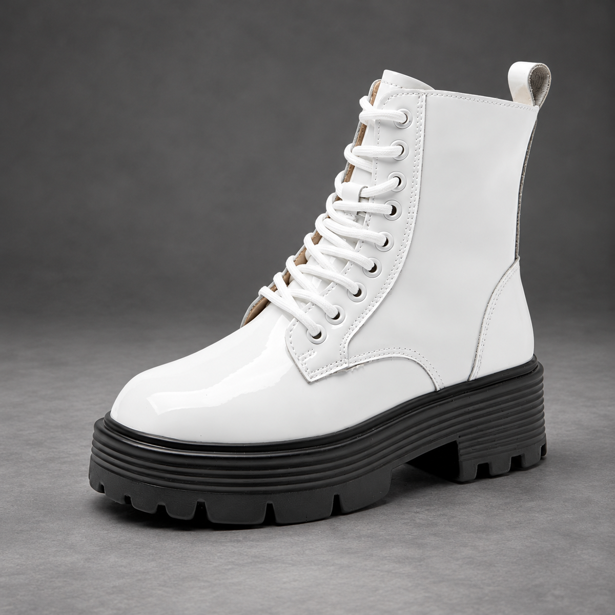 Women’s Patent Leather Platform Combat Boots – Lace-Up Side Zip Ankle Shoes – White – side angle view