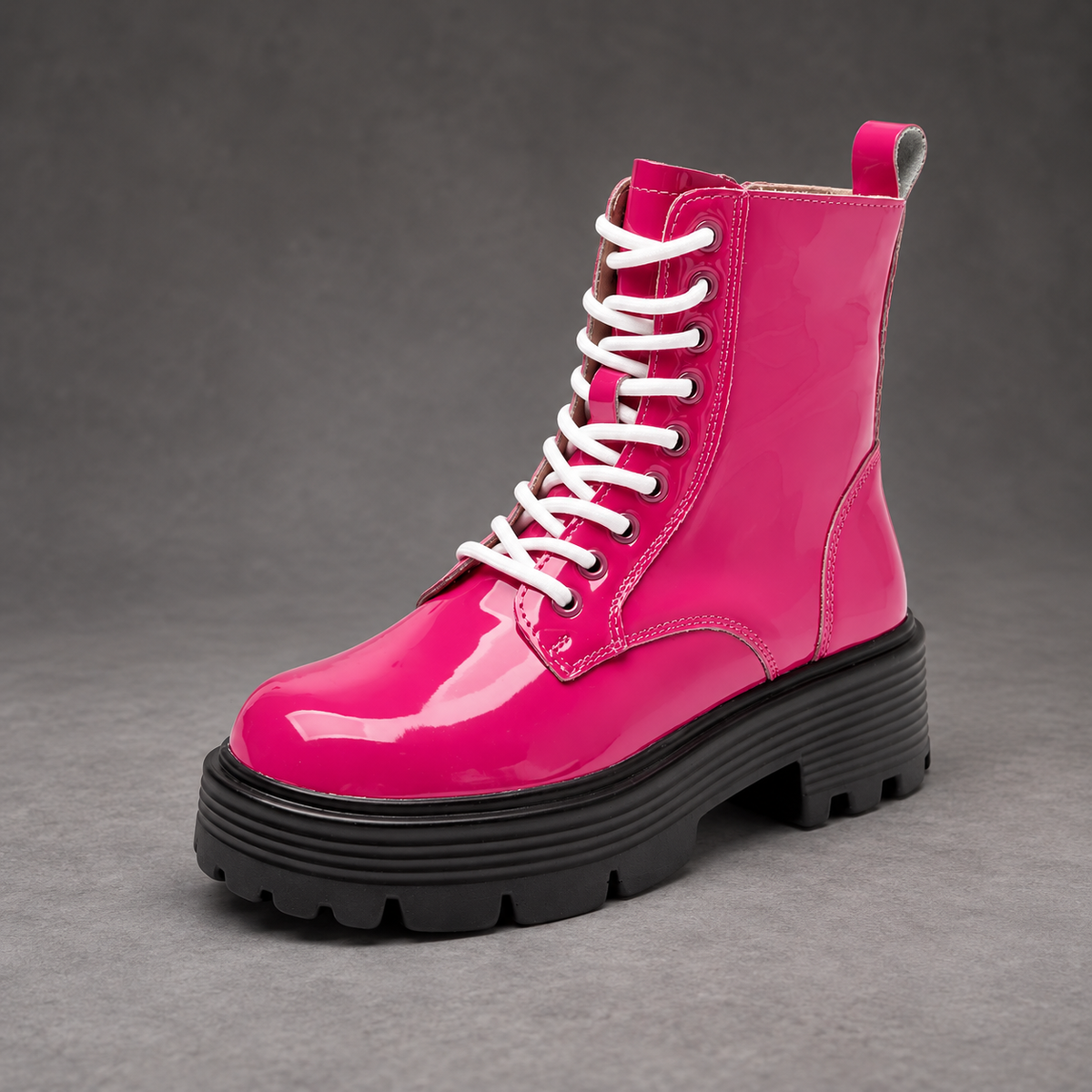 Women’s Patent Leather Platform Combat Boots – Lace-Up Side Zip Ankle Shoes – Pink – side angle view