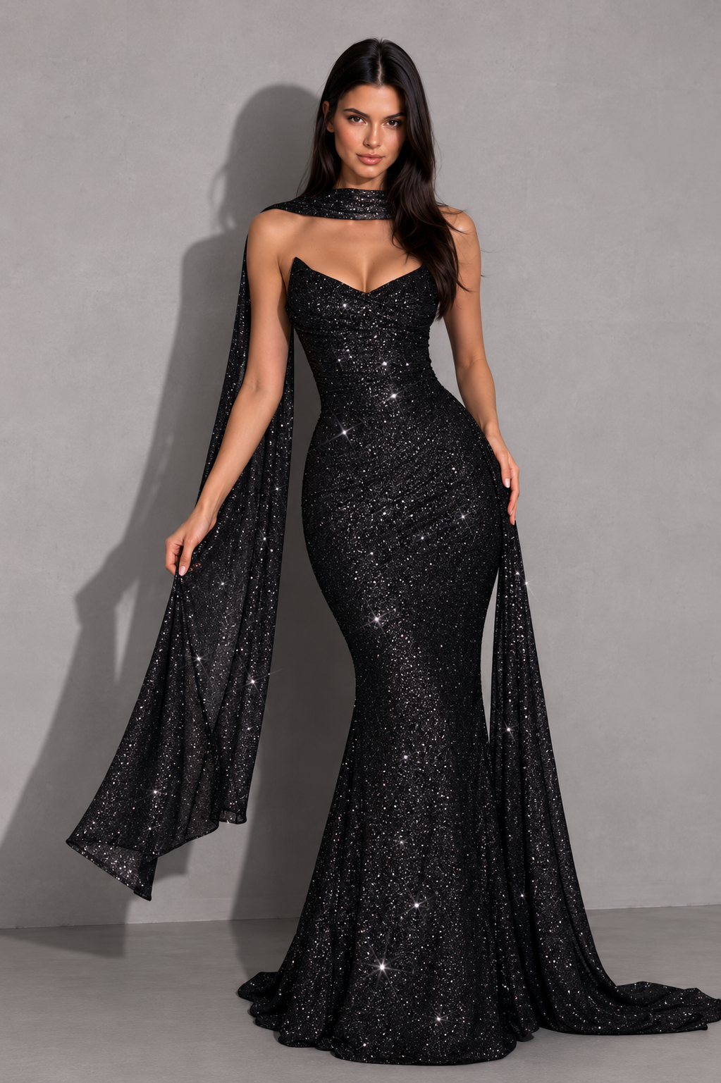 Woman wearing a black sequin gown with a cape against a gray background