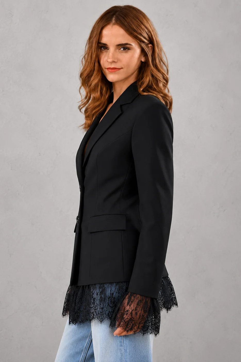 Women's elegant lace single-breasted blazer jacket with a notched lapel, full-length sleeves, front pockets, and a regular tailored fit, perfect for office, business and smart casual wear.