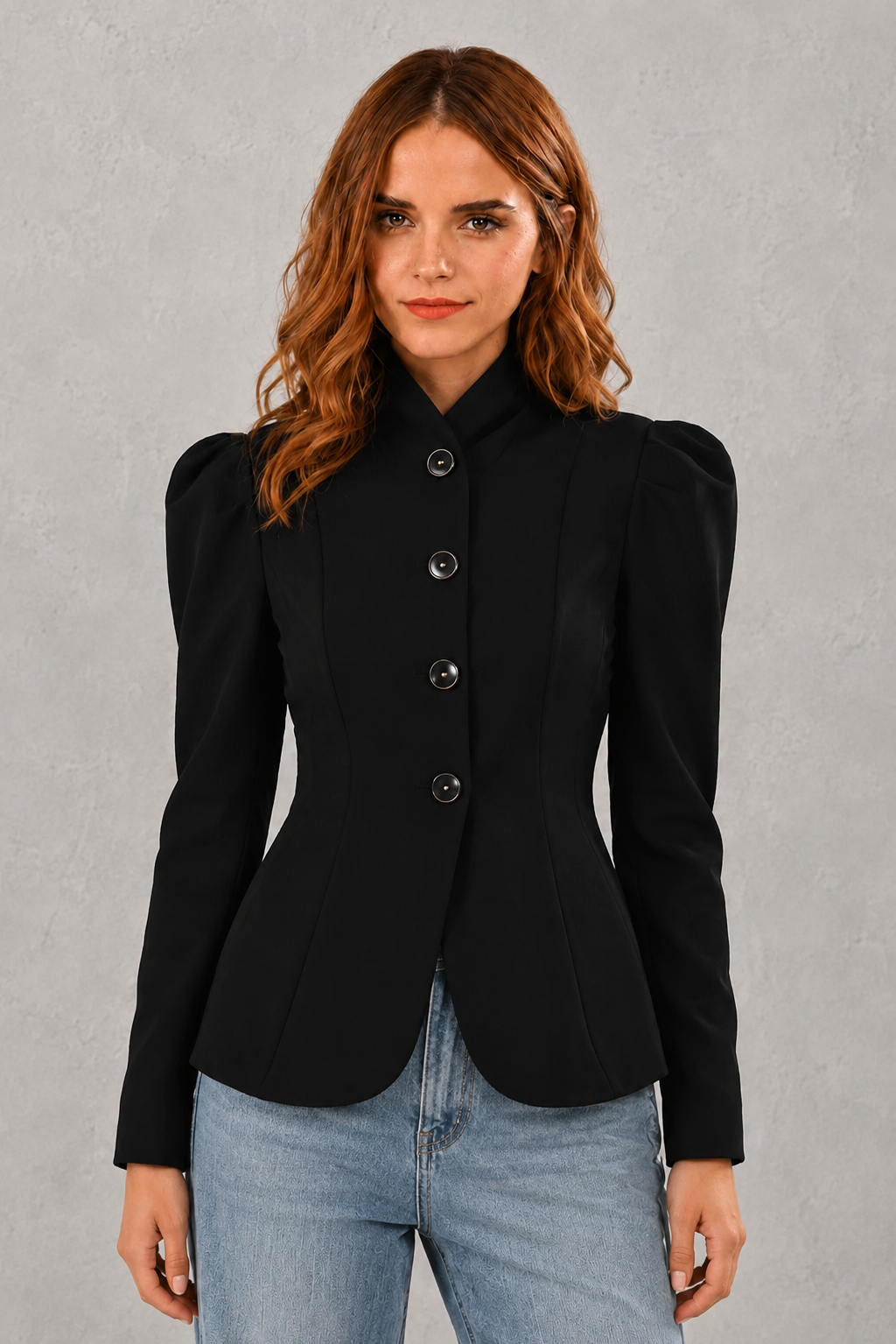 Women's elegant lace single-breasted blazer jacket with a notched lapel, full-length sleeves, front pockets, and a regular tailored fit, perfect for office, business and smart casual wear.