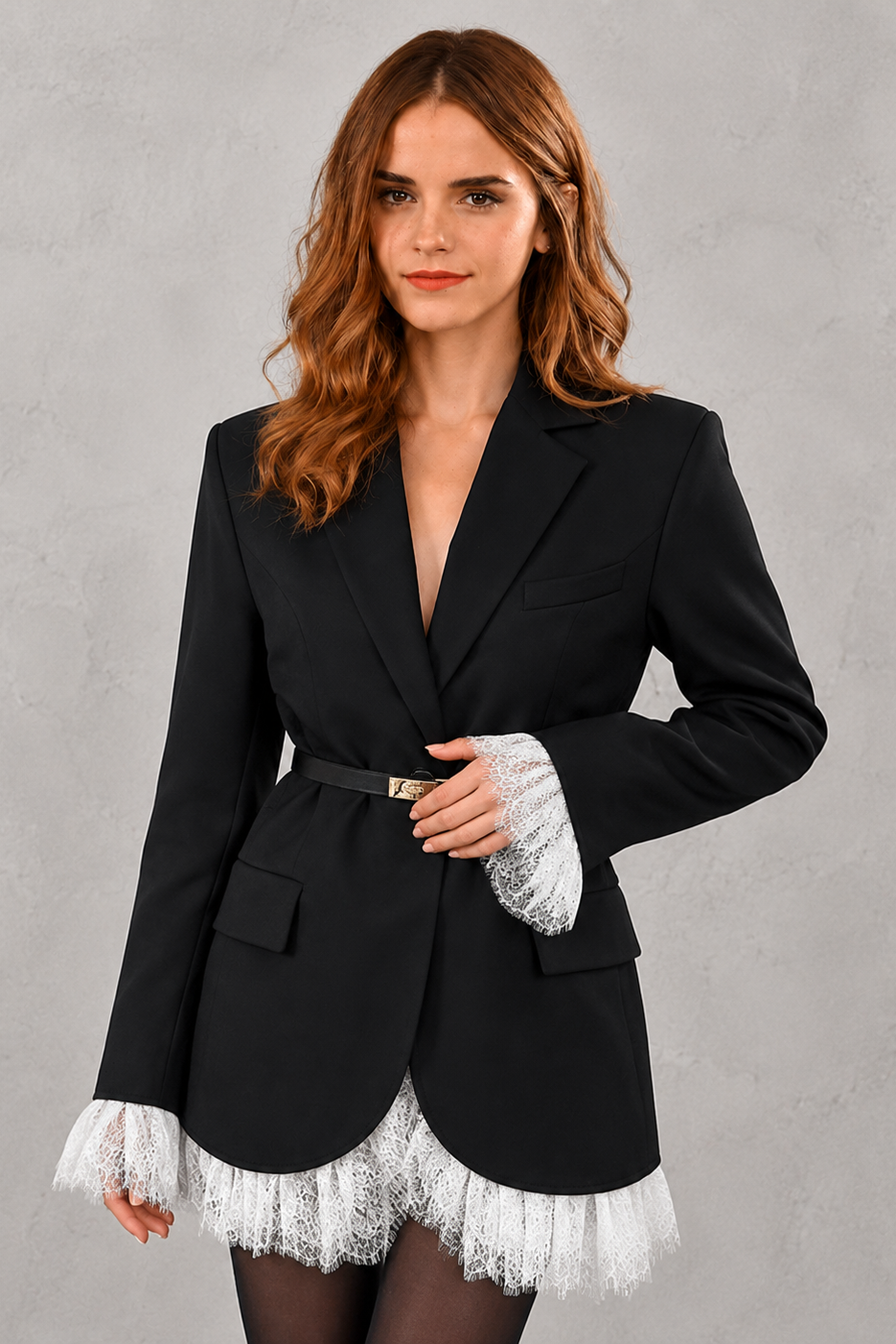 Women's elegant lace single-breasted blazer jacket with a notched lapel, full-length sleeves, front pockets, and a regular tailored fit, perfect for office, business and smart casual wear.