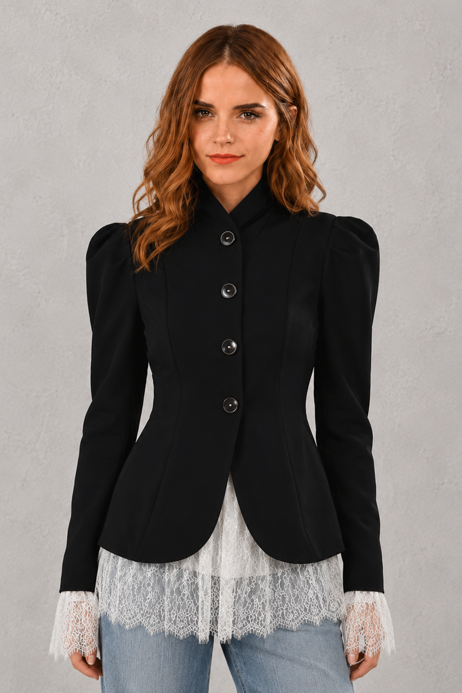 Women's elegant lace single-breasted blazer jacket with a notched lapel, full-length sleeves, front pockets, and a regular tailored fit, perfect for office, business and smart casual wear.