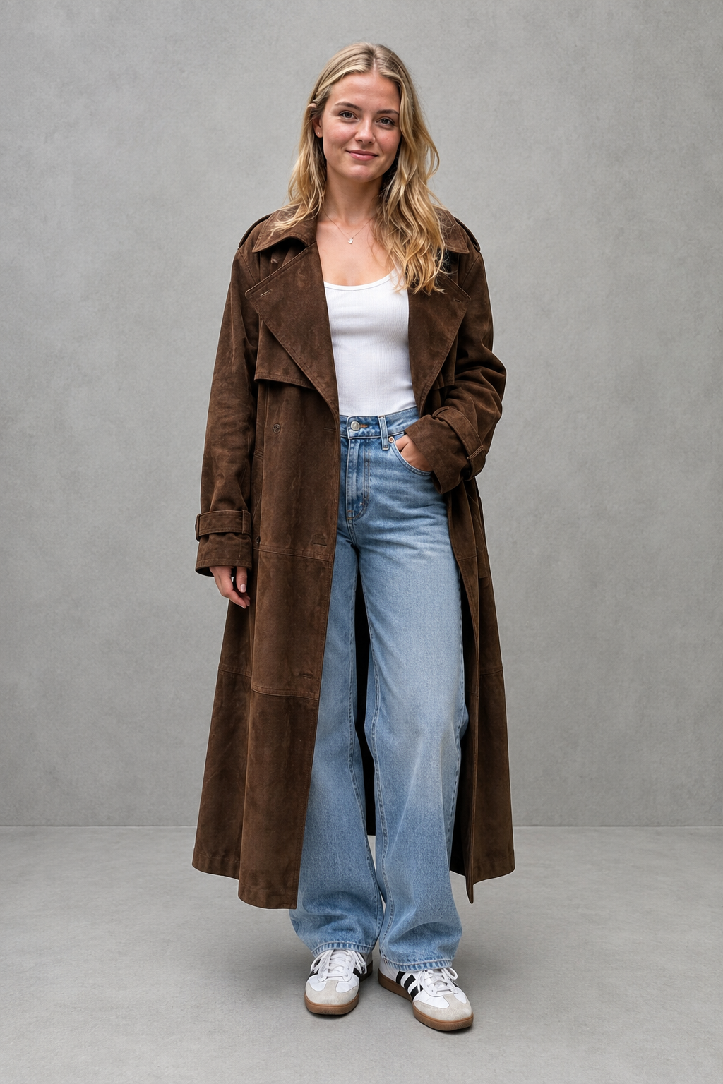 Women's long velvet trench coat in a luxurious soft velvet fabric with a longline silhouette, adjustable belted waist and elegant tailored fit, ideal for autumn and winter occasions.