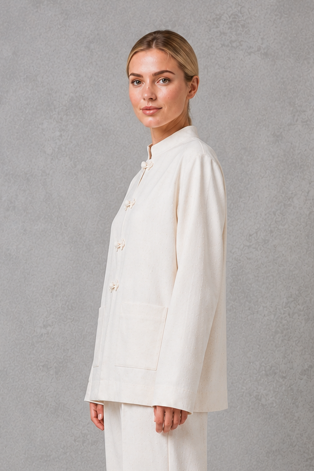 Women's white mandarin collar tailored jacket with a relaxed fit, clean front fastening and structured silhouette, ideal for smart casual, office and formal wear.