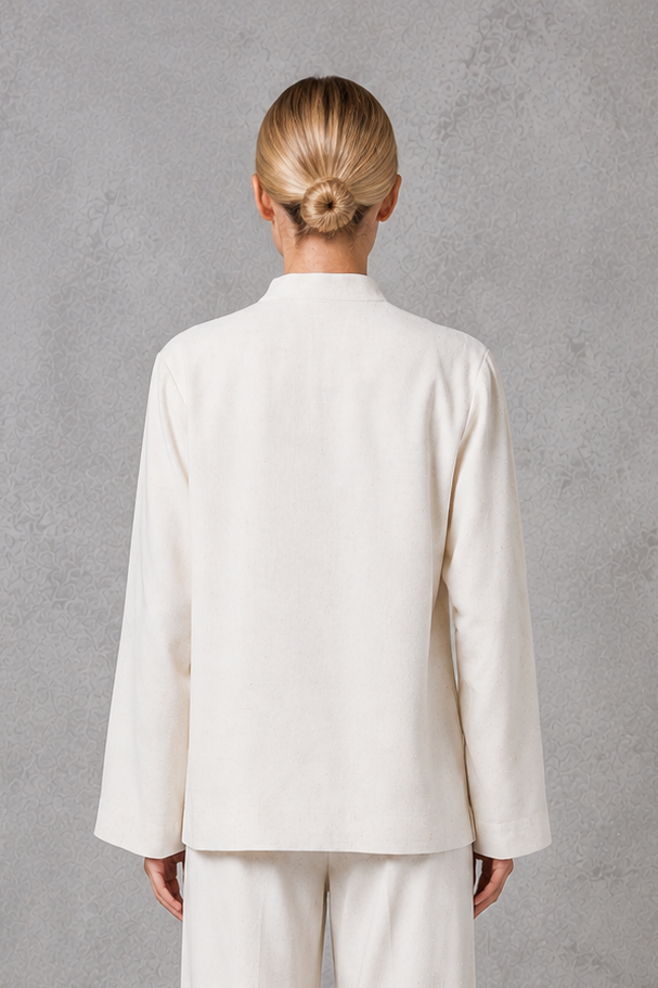 Women's white mandarin collar tailored jacket with a relaxed fit, clean front fastening and structured silhouette, ideal for smart casual, office and formal wear.