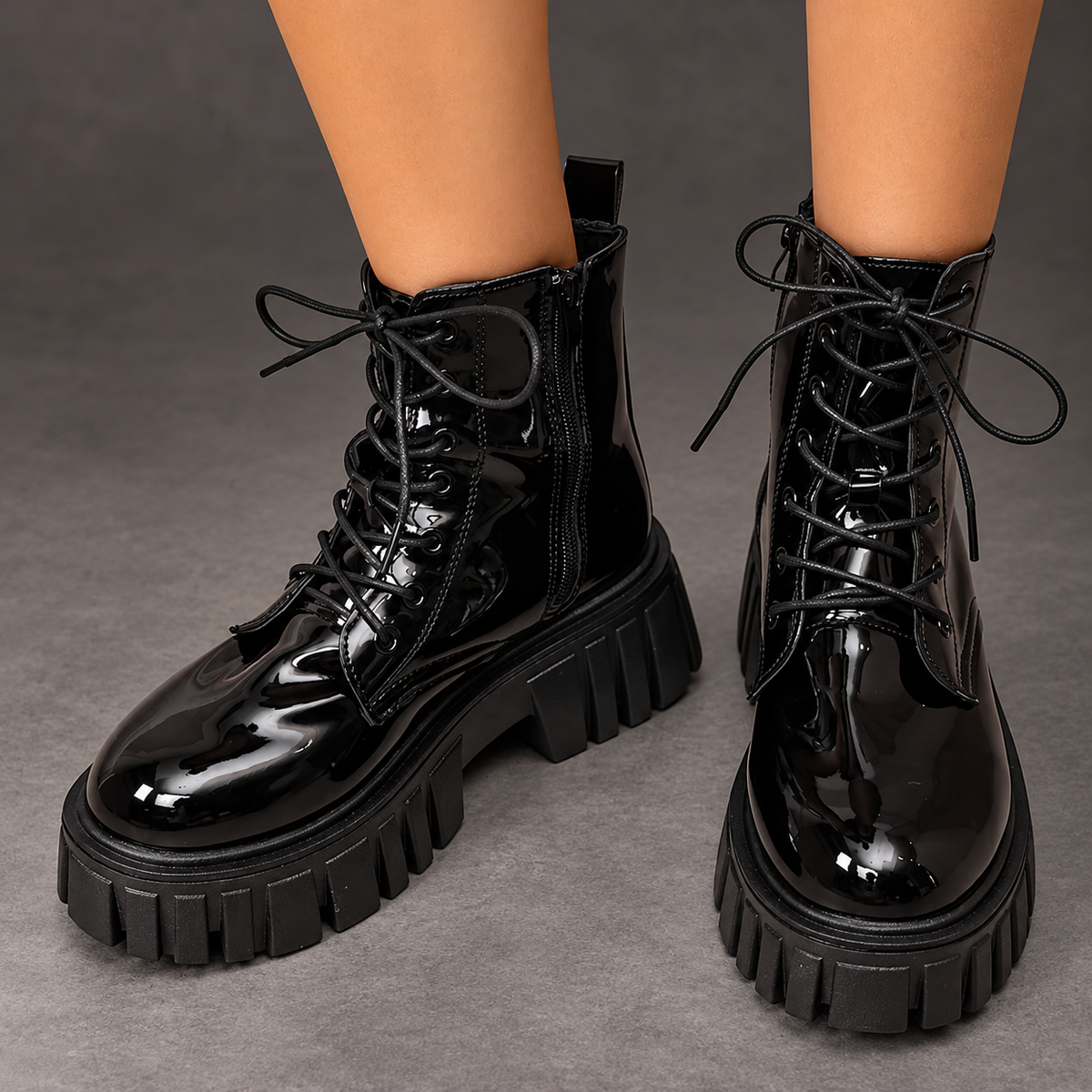 Women's Patent Chunky Platform Ankle Boots – Lace-Up Side Zip Combat Shoes – Black – sole view