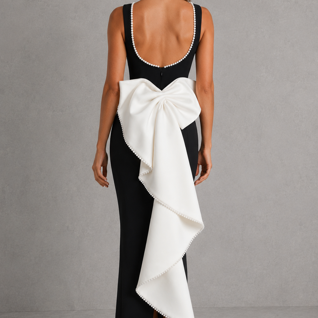 Women’s Pearl Trim Midaxi Dress with Detachable Bow Detail for Evening & Formal Wear