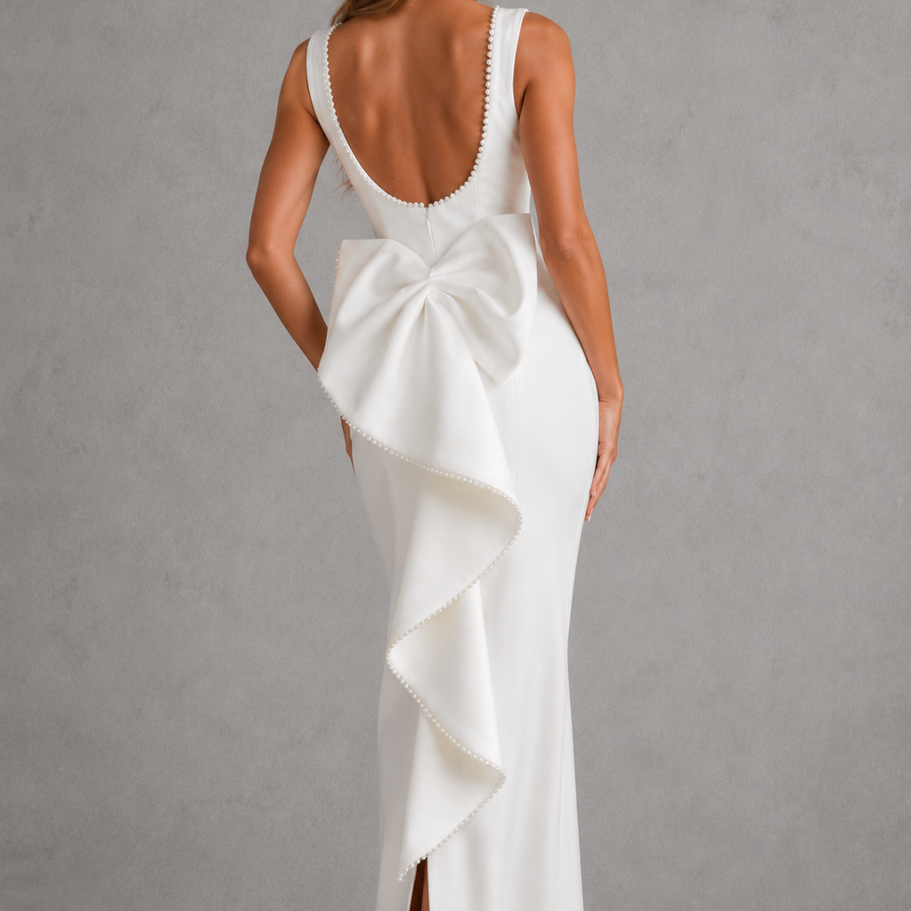 Woman wearing a white dress with a large bow detail on a gray background