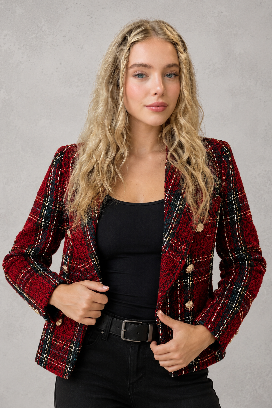 Women's plaid tweed double-breasted blazer with a tailored fit, structured lapel collar and classic checked pattern, ideal for smart casual workwear, office outfits and autumn layering.