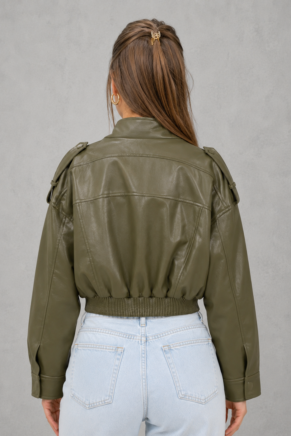 Women's cropped faux leather bomber jacket with front pockets, zip fastening, ribbed cuffs and hem, lightweight polyester construction and a relaxed fit for casual everyday wear.