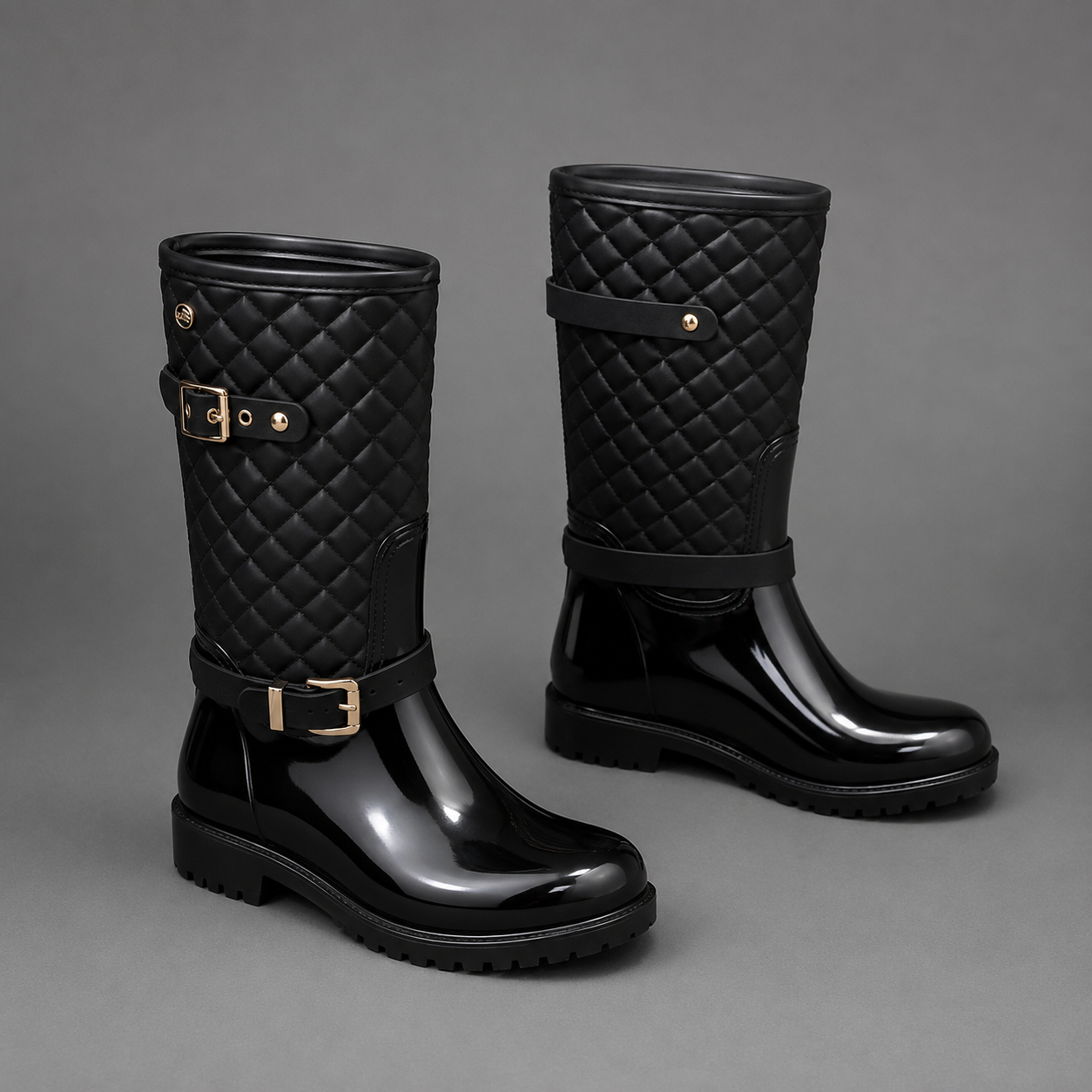 Women's quilted plaid mid-calf rain boots with a waterproof PVC upper, decorative side buckle, round toe and non-slip rubber sole, designed as comfortable slip-on Wellington boots for rainy days, gardening and outdoor wear.