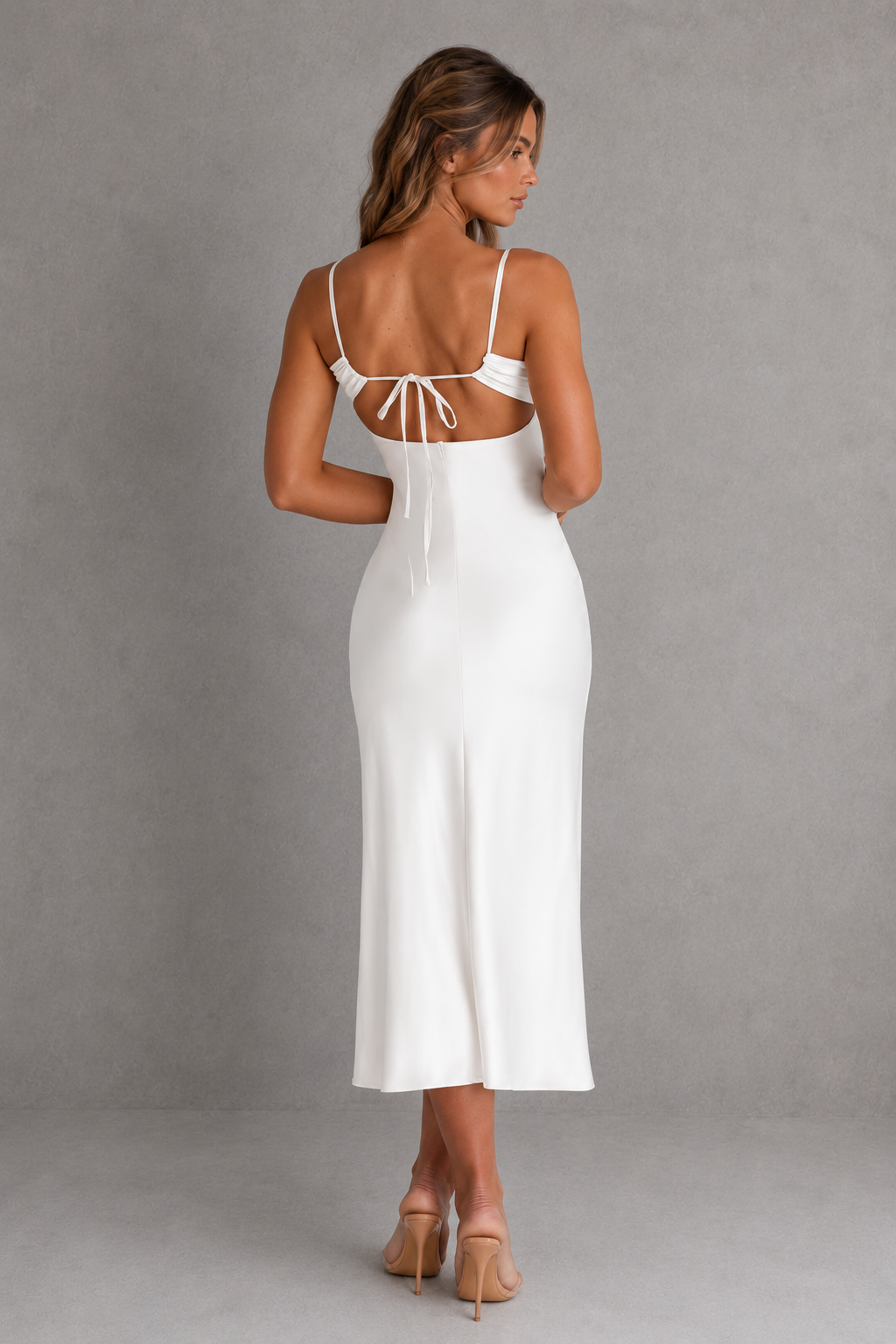 Woman wearing a white dress with thin straps and open back against a gray background