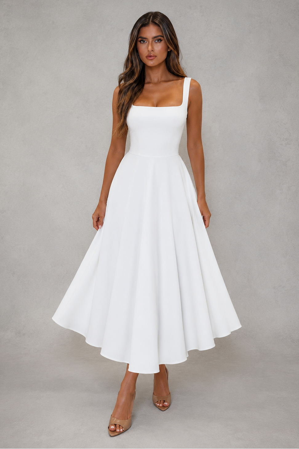 Woman wearing a white dress against a gray background