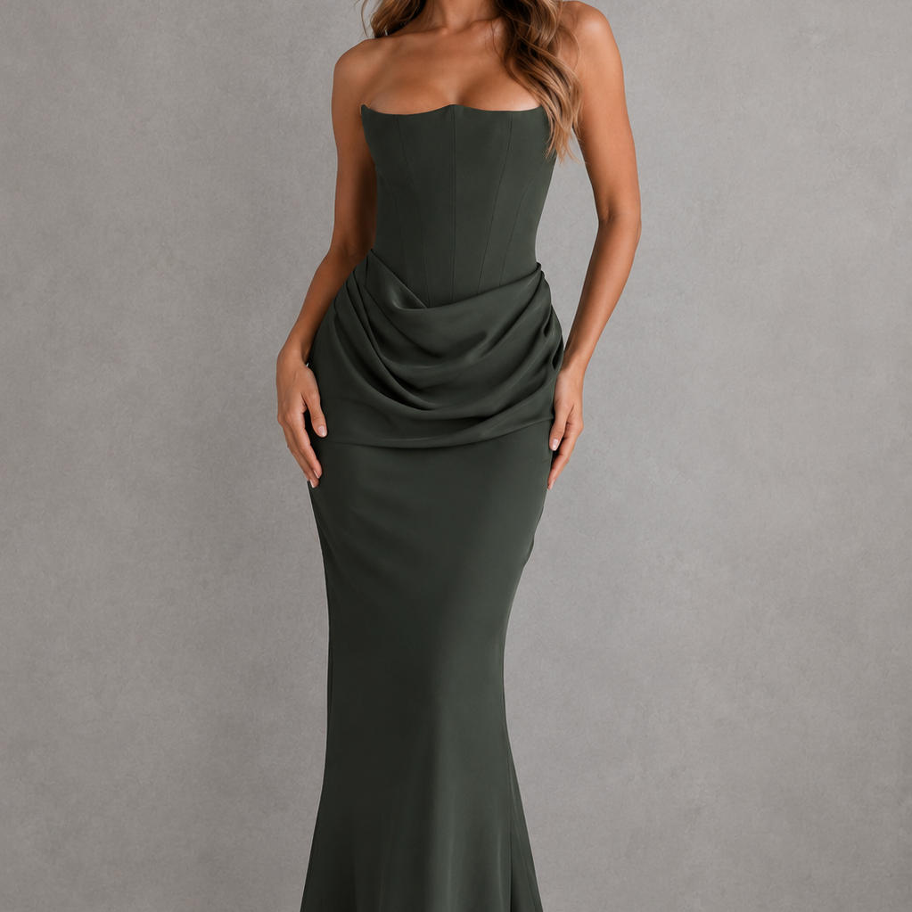 Woman wearing a strapless green gown against a gray background