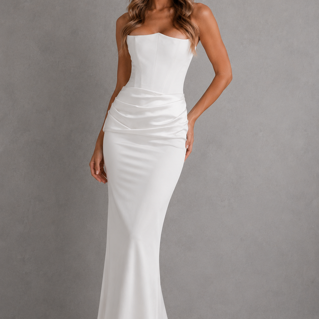 Woman wearing a white strapless gown against a gray background