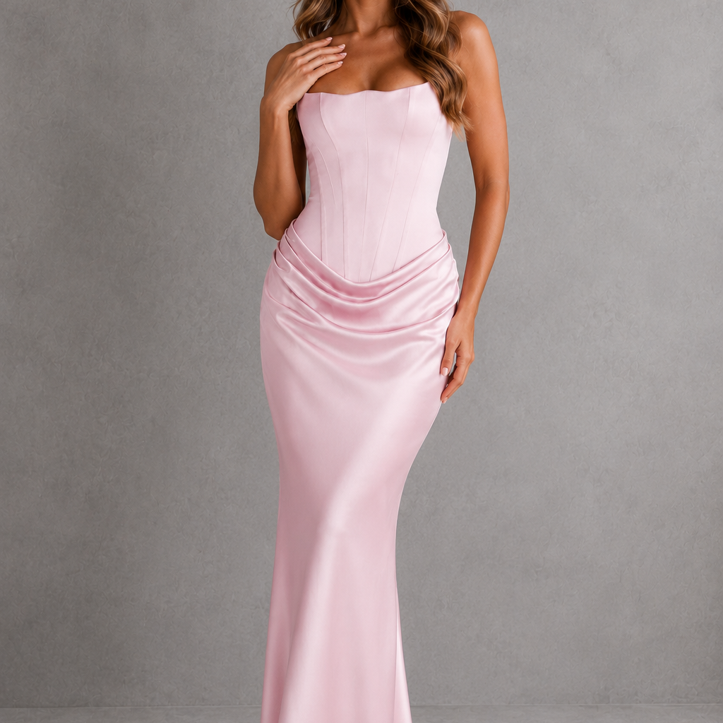 Woman wearing a pink strapless gown against a gray background