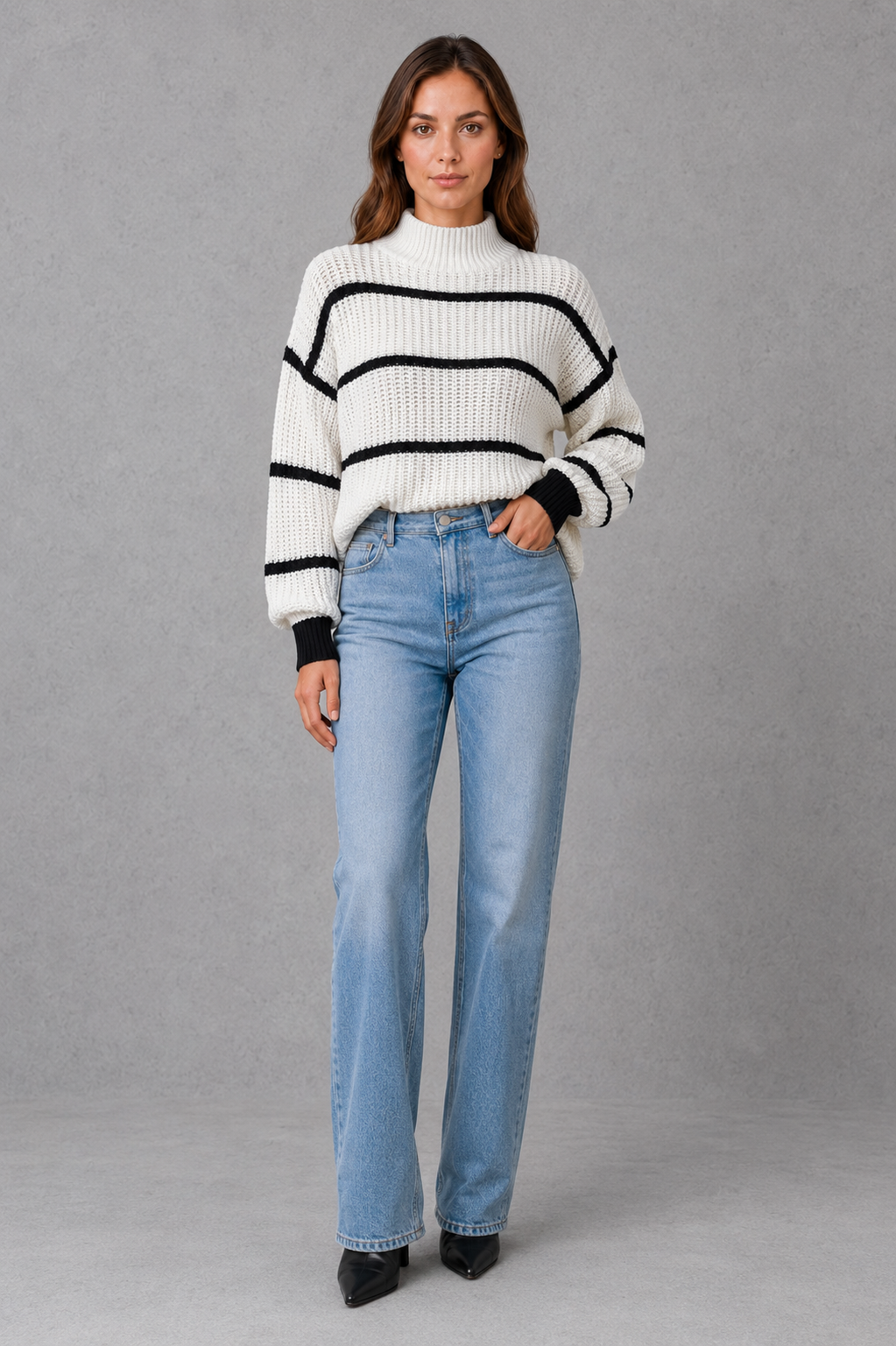 Women’s striped mock neck knit jumper with long sleeves, relaxed dropped shoulders and a cosy casual fit for autumn and winter.