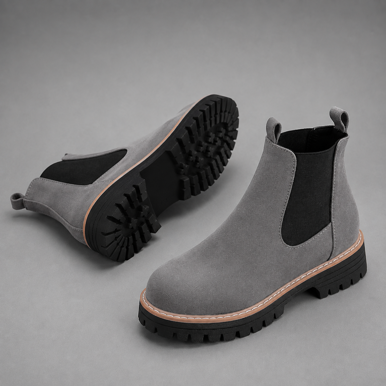 Women's suede block heel ankle boots with a classic round toe, mid-height block heel and durable rubber sole, designed for smart casual everyday wear in autumn, winter and spring.
