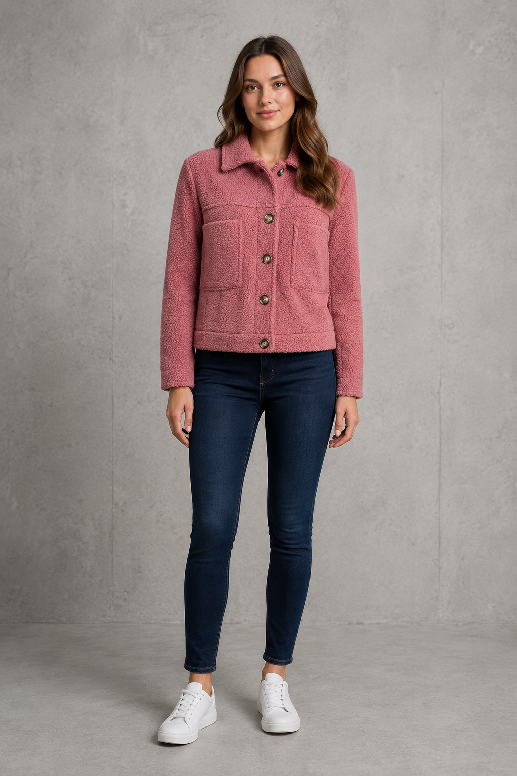 Women's cosy teddy fleece jacket in soft borg fabric with a relaxed fit, full front zip fastening, long sleeves and side pockets. Lightweight and warm, ideal for everyday layering during autumn and winter.