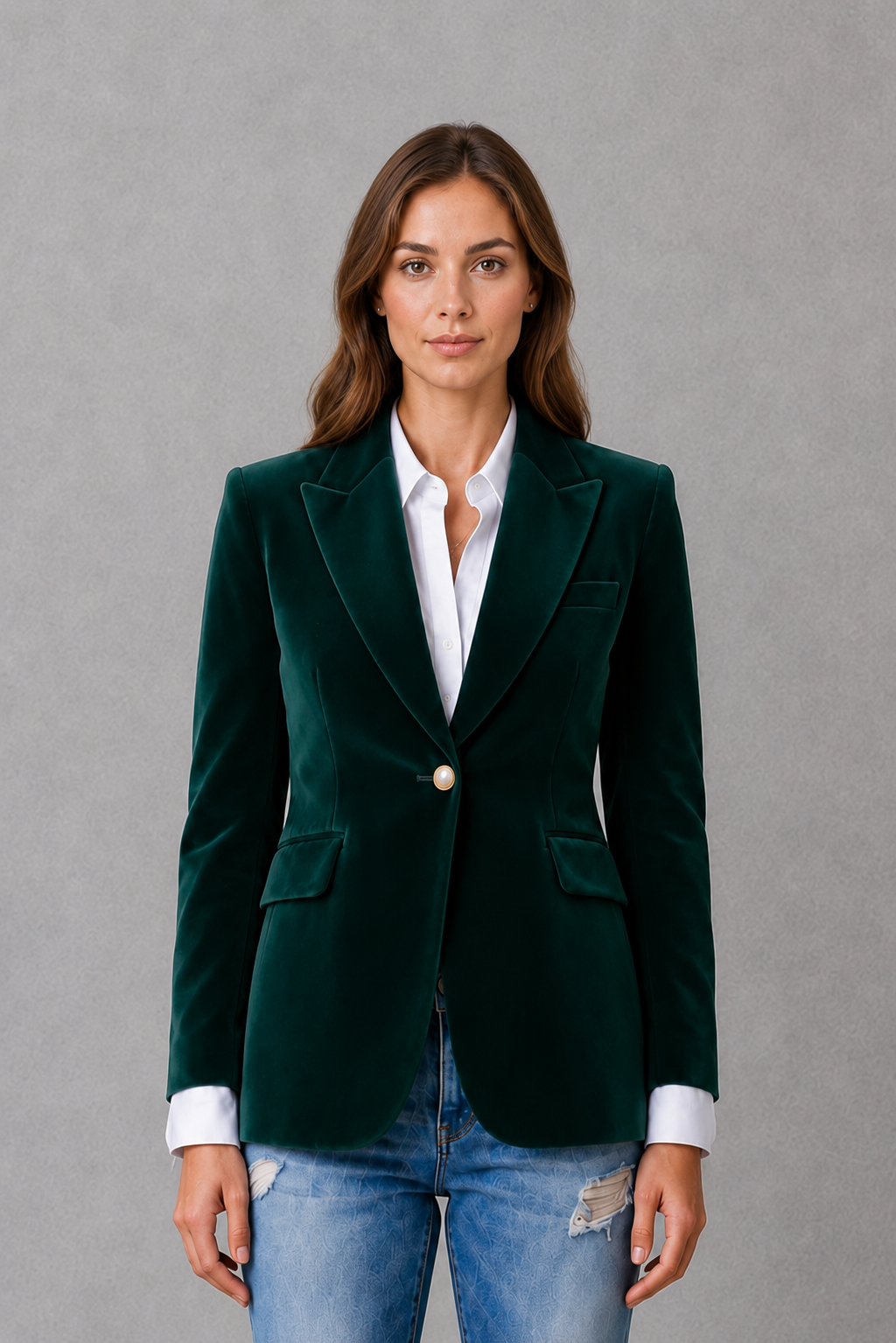 Women’s elegant velvet blazer jacket with classic lapel collar and tailored fit for autumn styling.