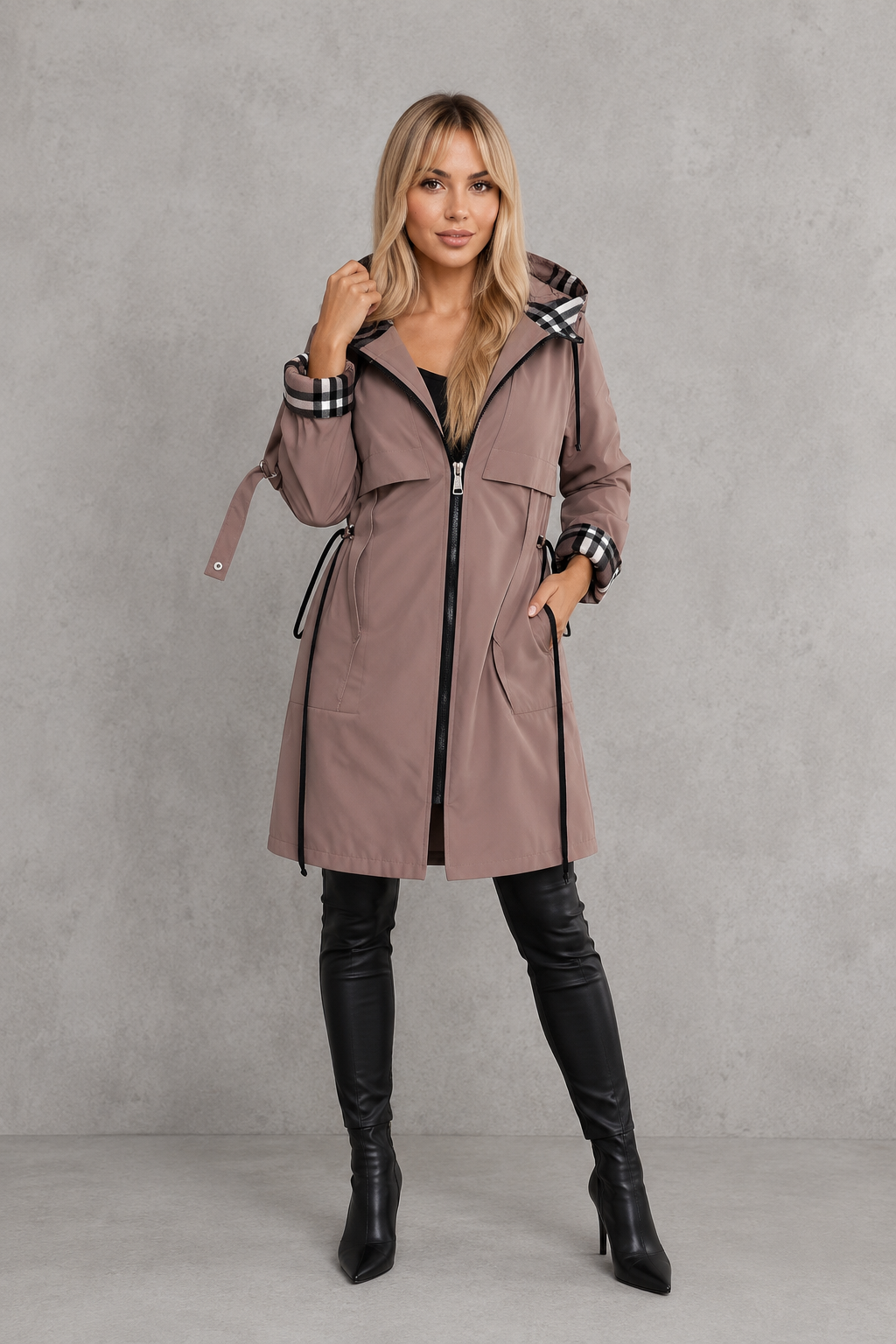Women's waterproof hooded zip coat in a lightweight windproof design with full front zip fastening, tailored fit and weather-resistant fabric, ideal for everyday wear, commuting and rainy UK weather.