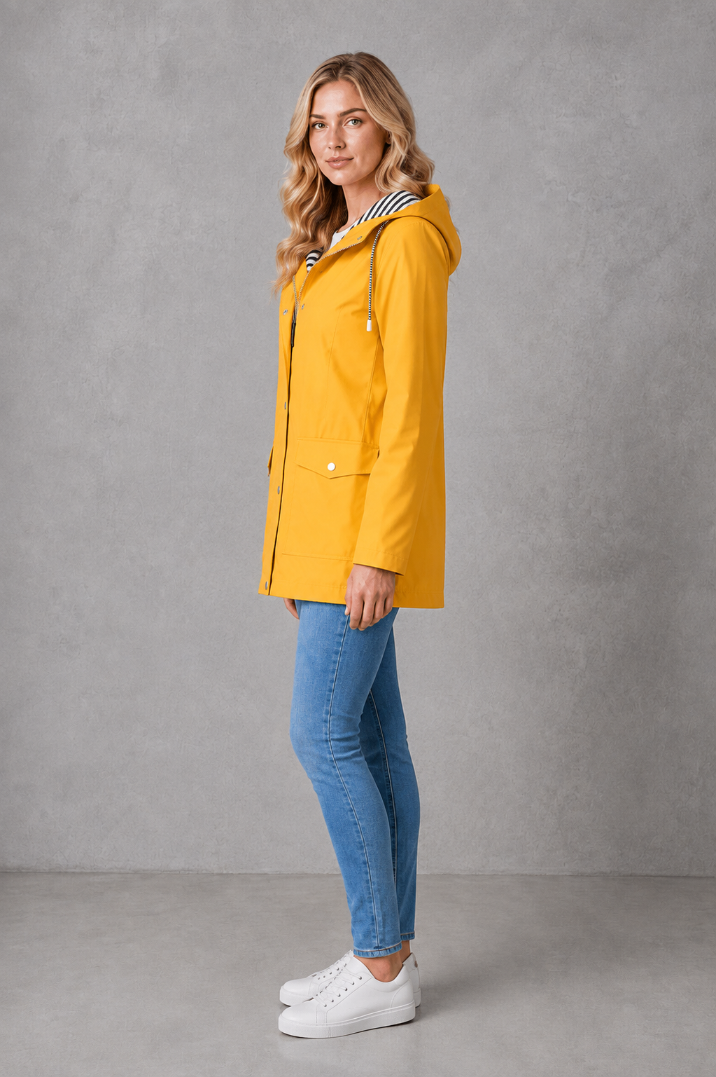 Women's waterproof and windproof hooded coat in a lightweight longline design with adjustable hood, weather-resistant fabric and a flattering regular fit, ideal for everyday wear, commuting and rainy British weather.