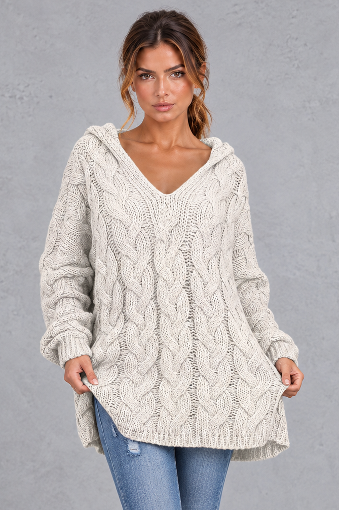 Women's ivory chunky cable knit hooded jumper with V-neck – front view