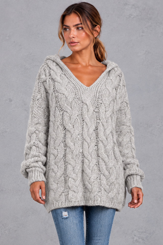 Women's grey chunky cable knit hooded jumper with V-neck – front view