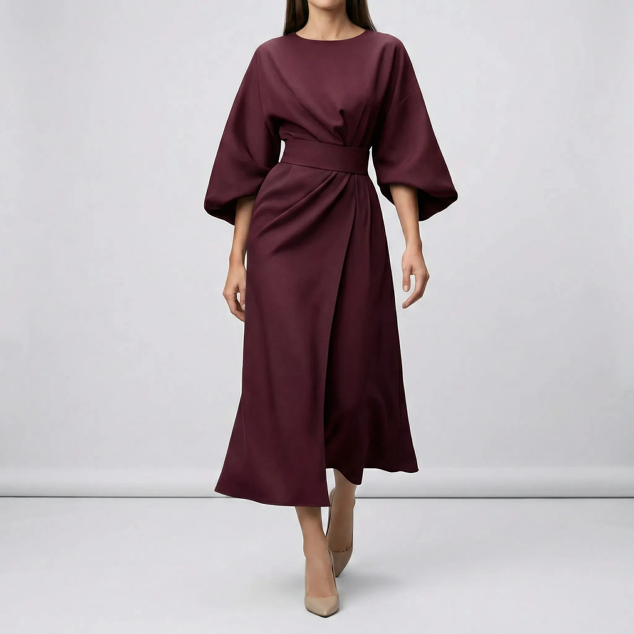 Maroon dress with wide sleeves on a plain background1