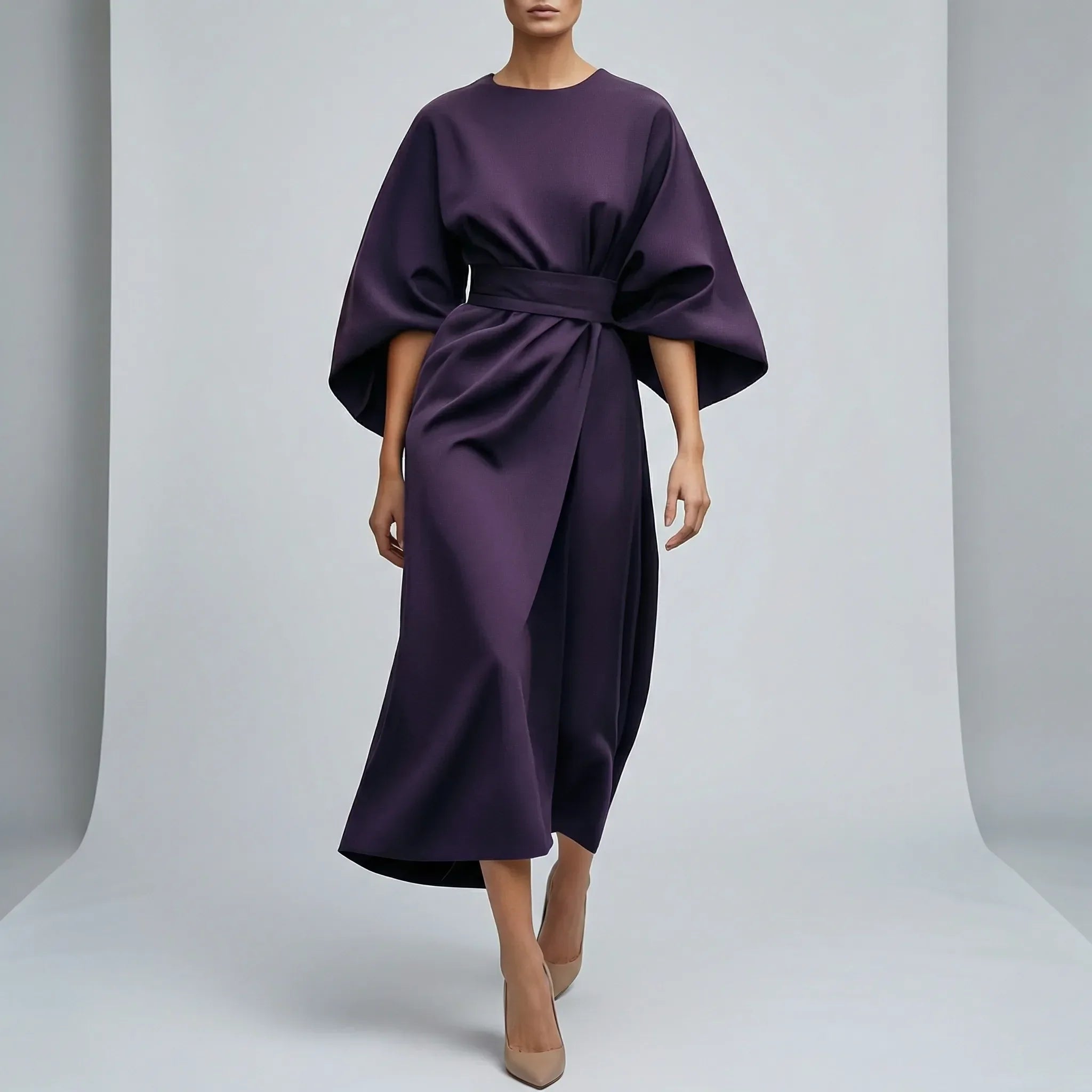 Purple dress with wide sleeves on a plain background1