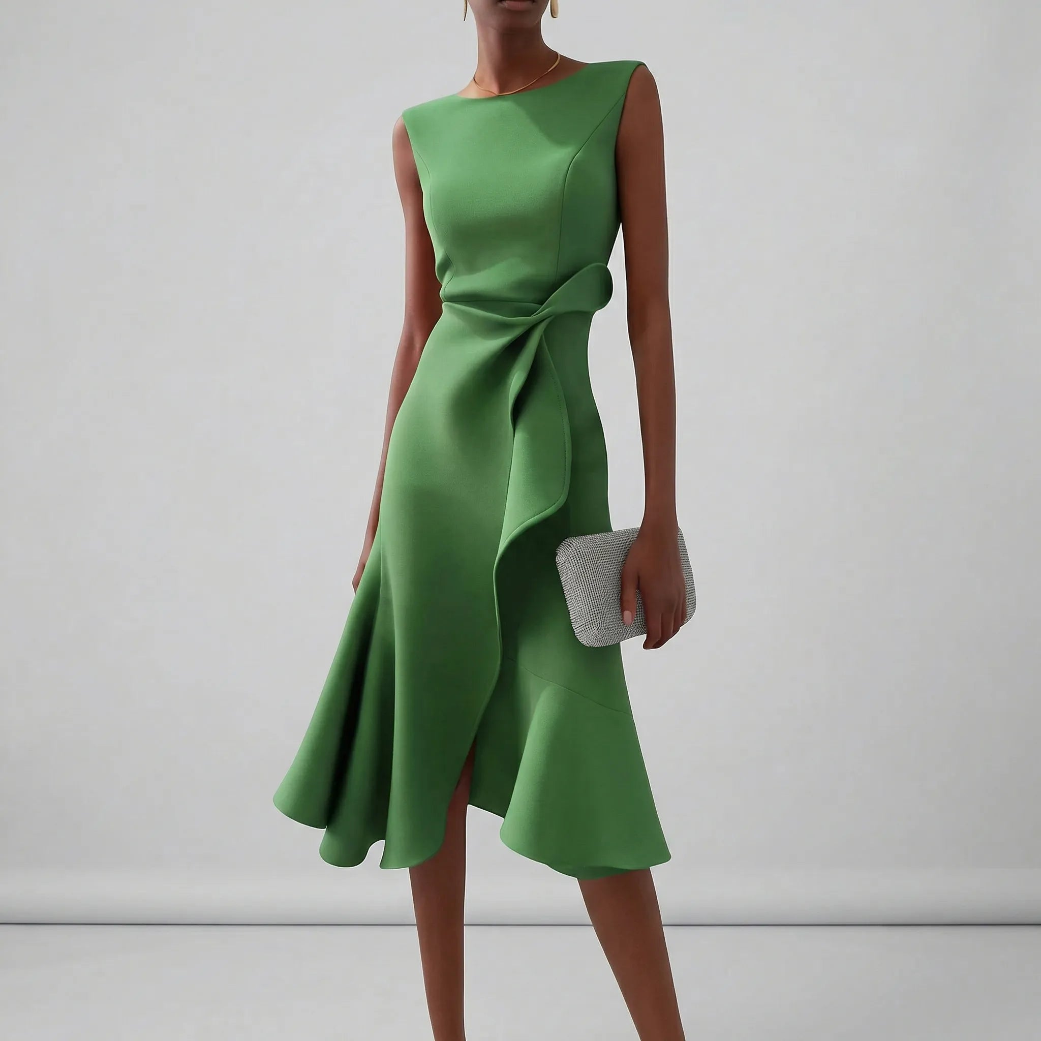 Green dress with a bow detail on a plain background