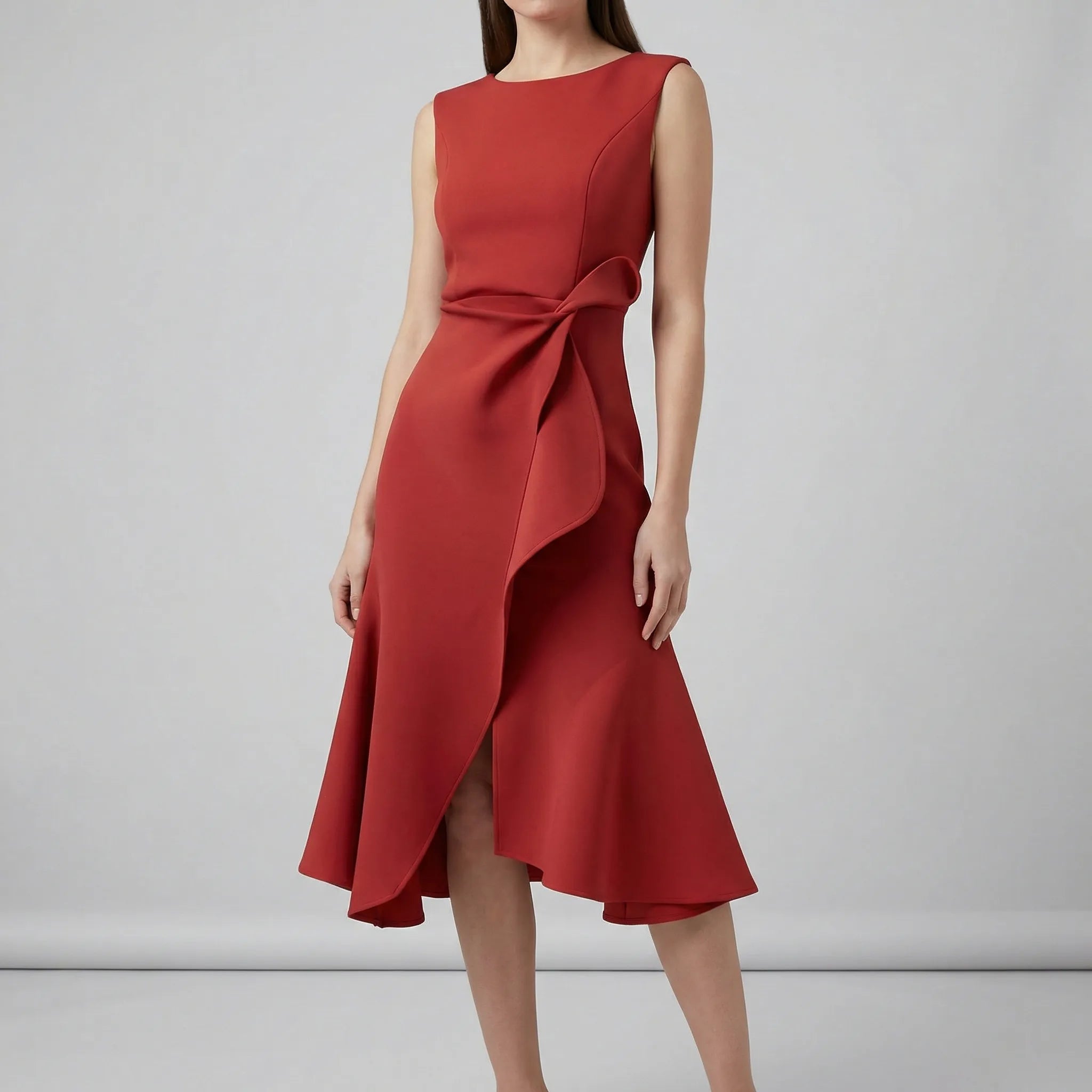 Red dress with a bow detail on a gray background3