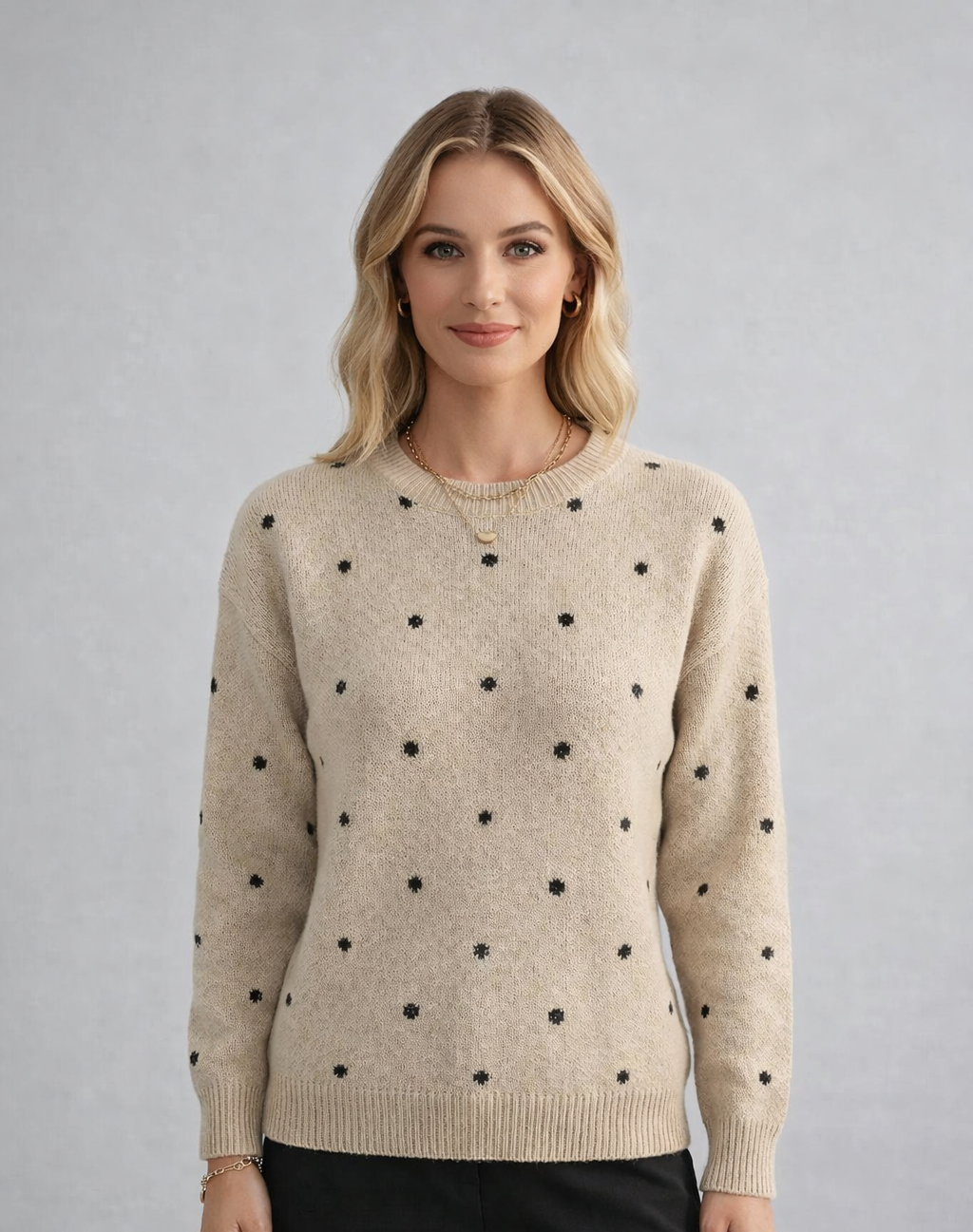 Woman wearing a beige sweater with black polka dots against a gray background