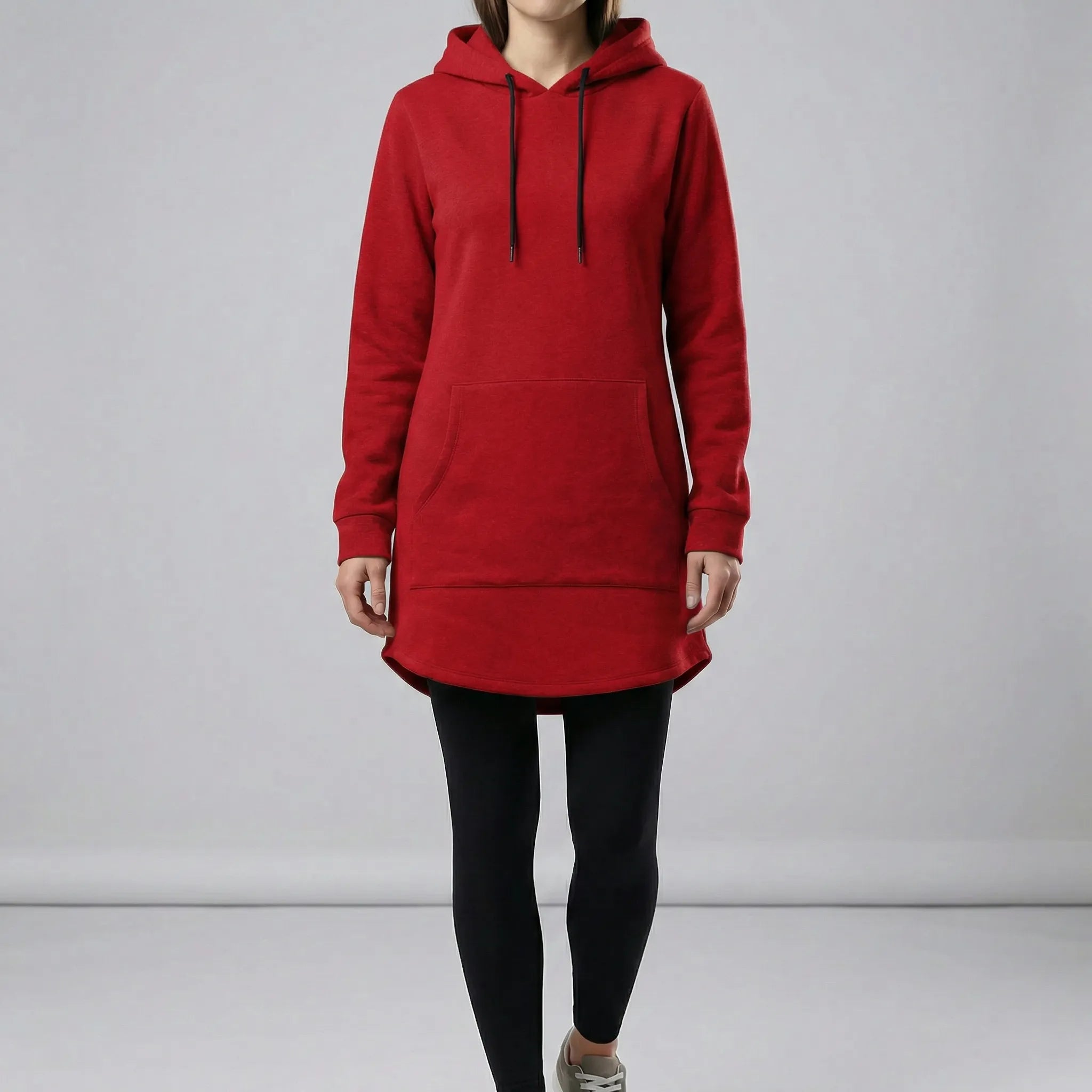 Red hoodie worn by a person on a gray background