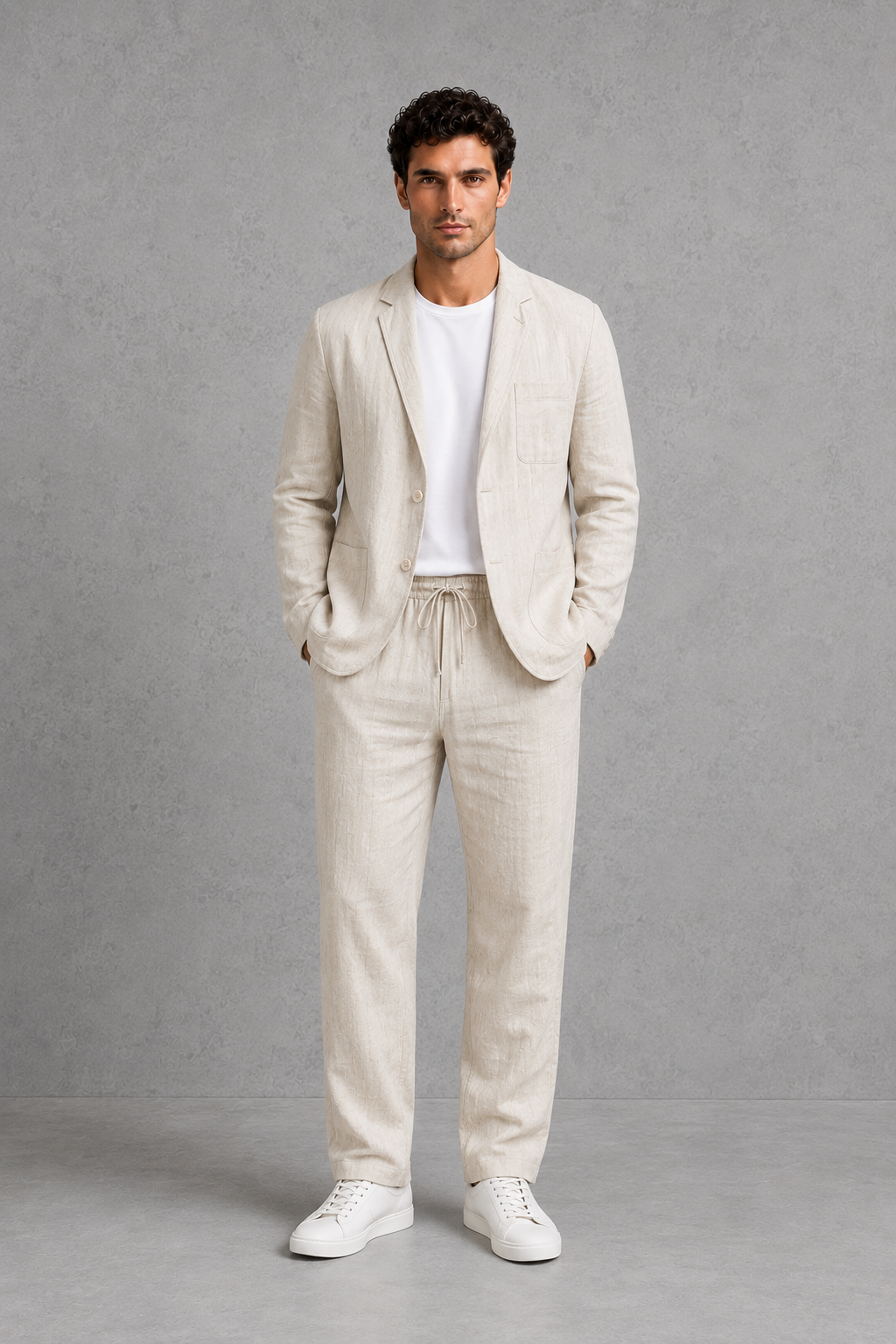 Man wearing a beige suit with white sneakers on a gray background