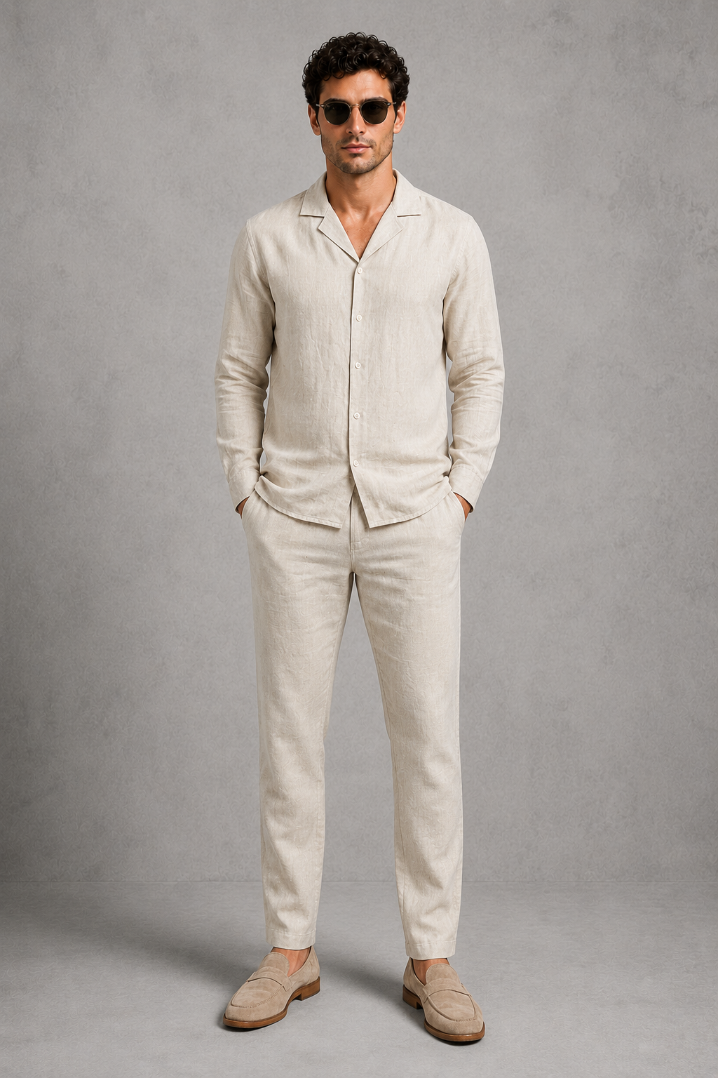 Man wearing a beige linen suit against a gray background
