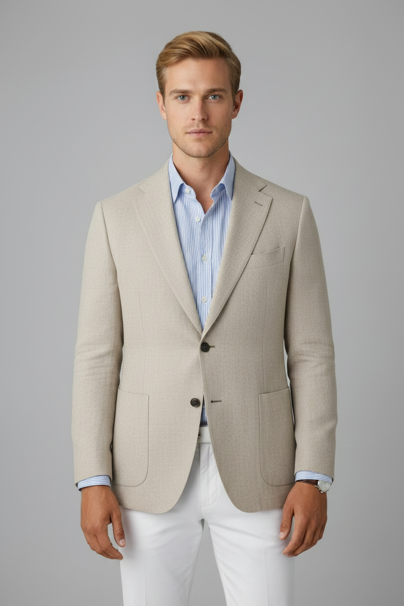 Man wearing a beige blazer over a light blue shirt with white pants on a gray background