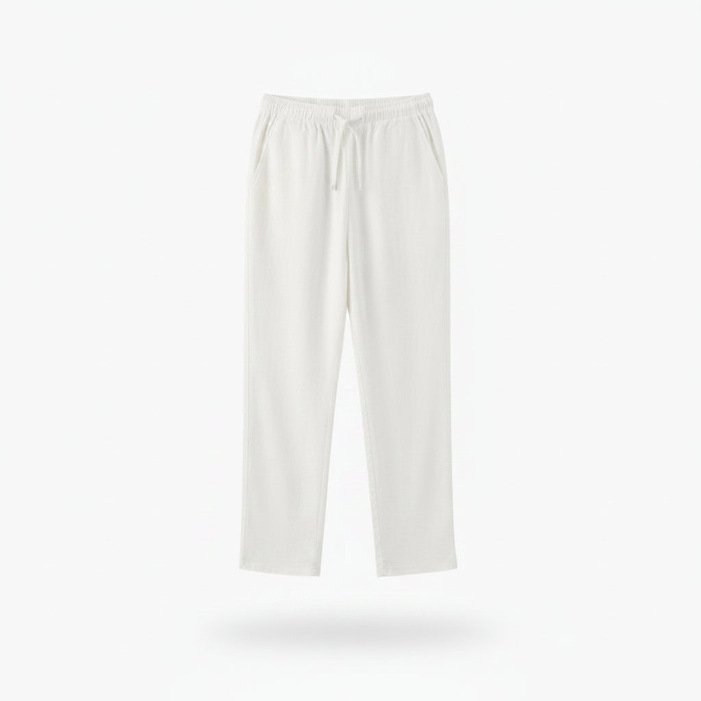 White pants on a hanger against a white background