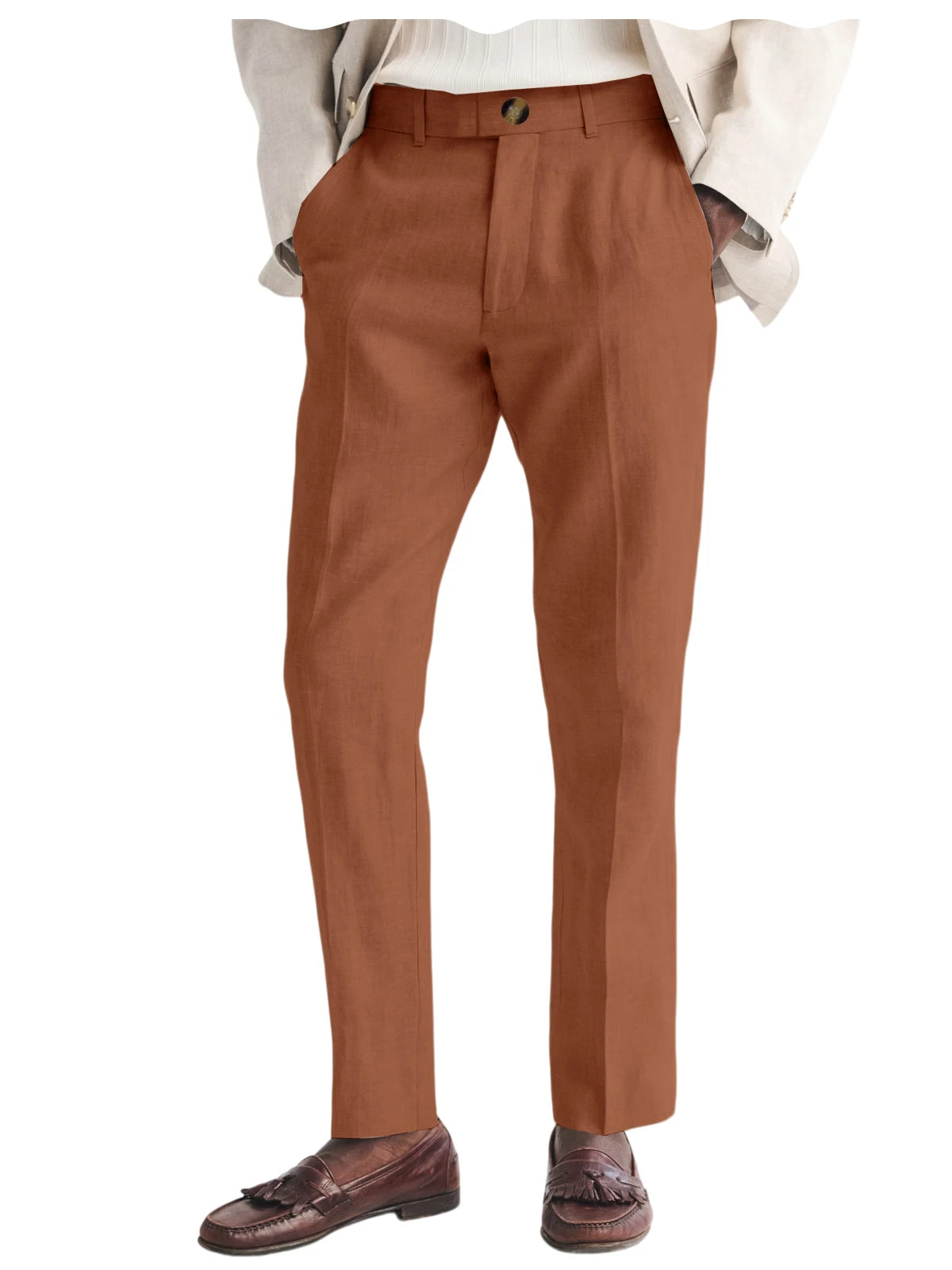 Brown dress pants worn with a white shirt and brown shoes on a white background