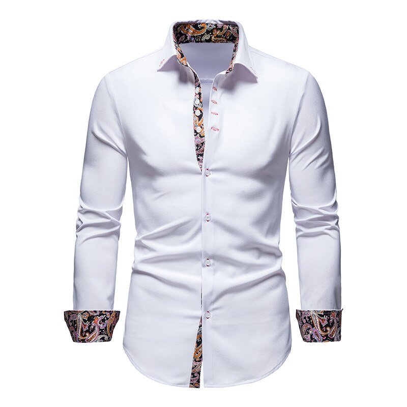 White dress shirt with patterned cuffs and collar on a white background